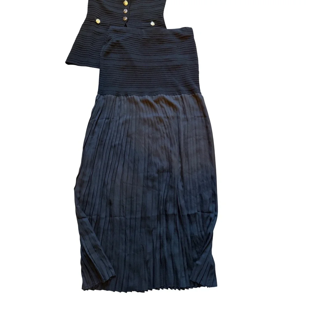 Blithe LA Black Knit Vest and Pleated Maxi Skirt 2 Piece Set Gold Buttons Large